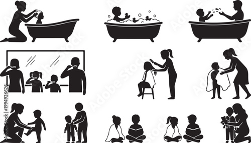 Family Bathroom and Bedtime Routine Silhouette Vector Set: Parents and Children Bathing, Brushing Teeth, Dressing, and Reading Books
