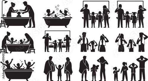 Family Bathroom and Bedtime Routine Silhouette Vector Set: Parents and Children Bathing, Brushing Teeth, Dressing, and Reading Books
