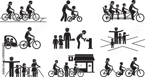 Family Biking and Cycling Silhouette Vector Set: Parents and Children Riding Bicycles, Tandem Bike, and Bike Safety Activities