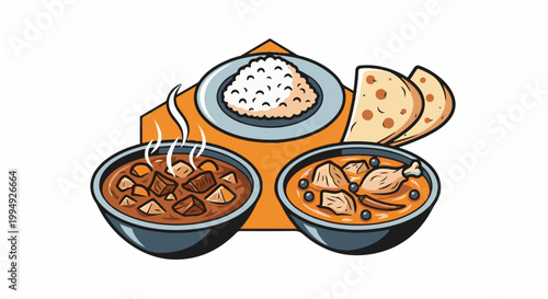 Two bowls of savory stew, a pile of rice, and warm flatbread