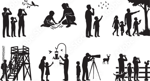  Family Birdwatching and Wildlife Nature Silhouette Vector: Parents and Kids Using Binoculars, Photography, and Outdoor Exploration
