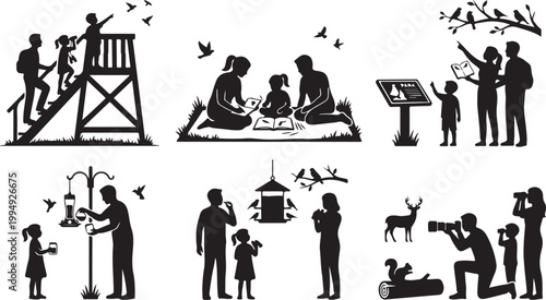  Family Birdwatching and Wildlife Nature Silhouette Vector: Parents and Kids Using Binoculars, Photography, and Outdoor Exploration