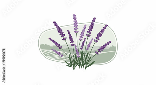 Stylized purple lavender flowers bloom in front of a serene landscape of rolling fields and distant trees