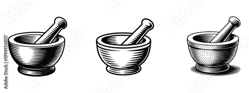 Mortar and pestle vector design collection showing herbal remedy preparation, spice crushing equipment, and apothecary style grinding bowl icons for organic medicine and cooking themes.