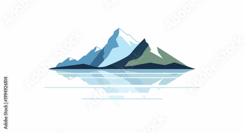 Stylized mountain range reflected in calm, icy water. Colors are blue, teal, and white