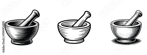 Mortar and pestle vector design collection showing herbal remedy preparation, spice crushing equipment, and apothecary style grinding bowl icons for organic medicine and cooking themes.