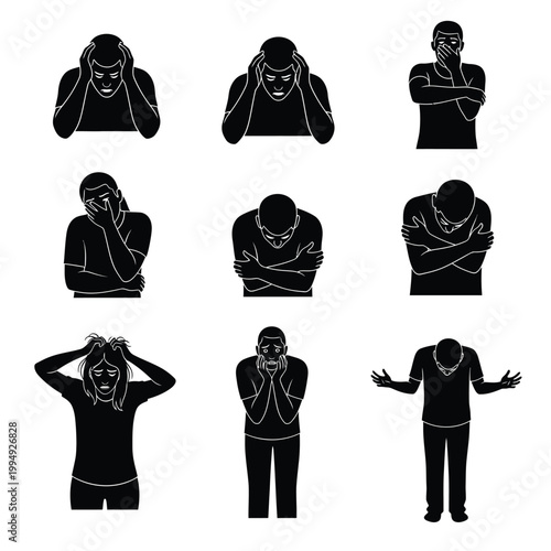 Set of black silhouettes of stressed people in various poses on transparent background.