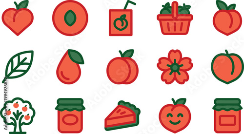 Peach Fruit Icon Set with Cute Outline Style Symbols of Fresh Peach, Slice, Juice Box, Basket, Leaves, Blossom, Jam Jar, Pie, and Tree