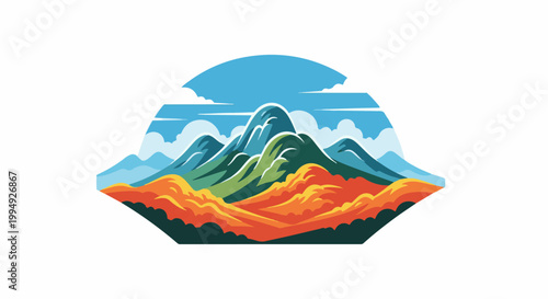 Stylized mountain peaks with flowing, fiery hills and a bright blue sky