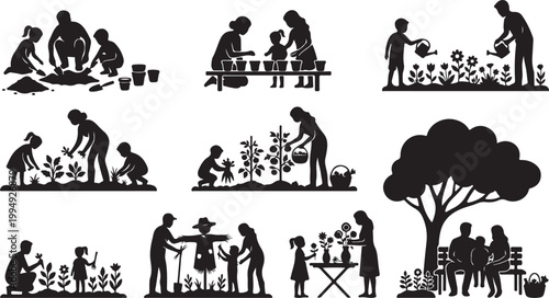 Family Gardening and Planting Activities Silhouette Vector: Parents and Kids Digging, Watering Plants, Growing Vegetables, and Yard Work