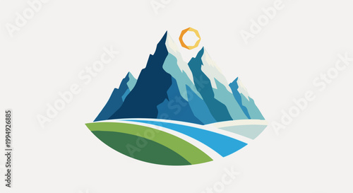 Stylized mountain peaks, river, and sun with green hills below
