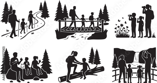  Family Hiking and Nature Trail Silhouette Vector Set: Parents and Kids Walking in Mountains, Backpacking, and Forest Exploration