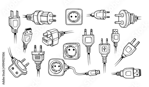 Creative hand drawn electrical connectors and adapters sketch icons for technical design vector