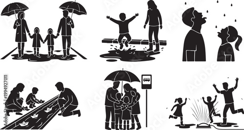 Family Jumping in Puddles Silhouette Vector Set: Parents and Kids Playing in Rain, Wearing Raincoats, and Muddy Water Fun
