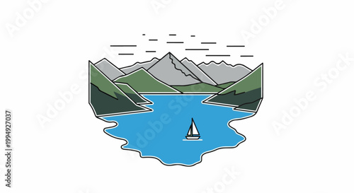 Stylized mountain lake scene with a solitary sailboat under a cloudy sky