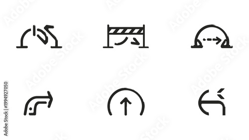 Navigational and Symbolic Icons: A collection of minimalist, monochrome icons representing concepts of direction, progress, and obstruction, designed to convey clarity and simplicity.