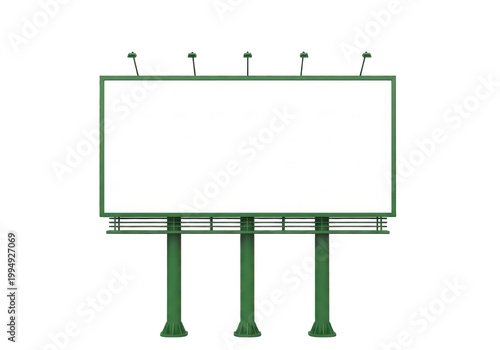 Large rectangular outdoor billboard structure with green metal supports and overhead lighting lamps PNG isolated on transparent