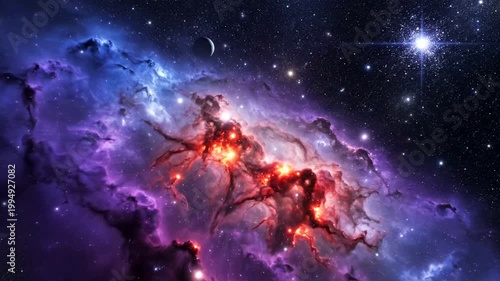 Vibrant nebula with stars and galaxies.