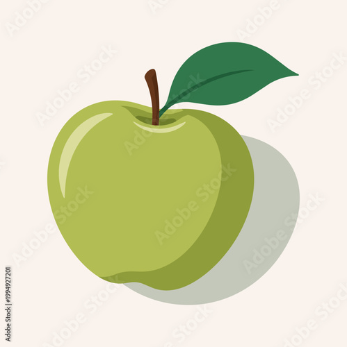 Green Apple Flat Vector Illustration With Leaf Minimal Isolated Design