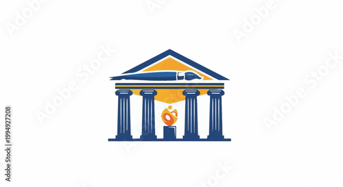 Stylized neoclassical building with columns, a paintbrush, and an abstract figure