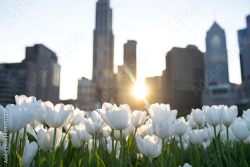 White Tulips in a City Park During Sunset With Tall Buildings in the Background