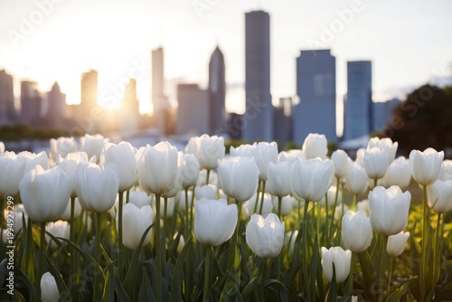 White Tulips in a City Park During Sunset With Tall Buildings in the Background