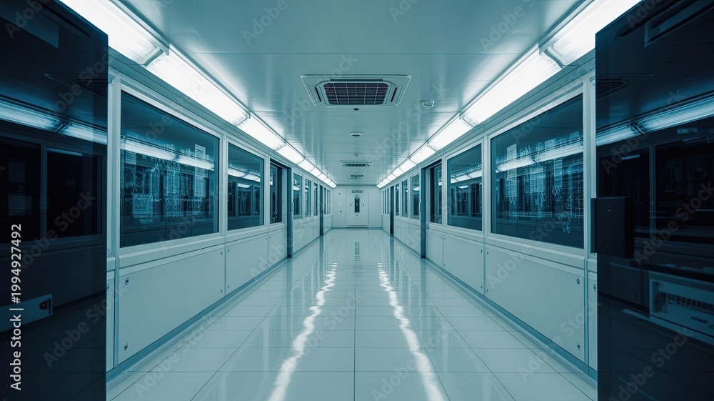 Fototapeta premium Sterile biotech lab corridor with glowing panels and reflective floors