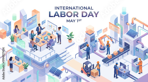 Vector banner celebrating International Labor Day in May with workers