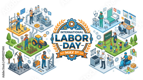 Vector banner celebrates International Labor Day on May 1st with various workers