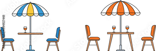 Outdoor cafe seating set with umbrella table and chairs with drinks isolated on white background vector illustration design