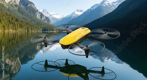 Yellow quadcopter hovering over calm mountain lake reflecting drone against snowy peaks