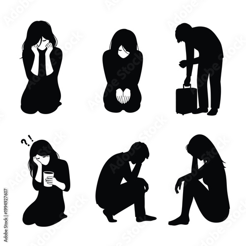 Emotional distress and confusion people in various poses of sadness and worry.