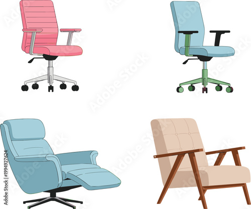 Modern chair collection including office swivel chairs recliner and wooden armchair isolated on white background vector illustration furniture design
