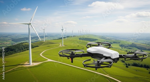 White quadcopter drone with propeller guards flying near wind turbines over green hills