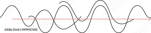 Abstract overlapping sound wave signals with directional baseline arrow, audio waveform illustration isolated on white background for technology analysis