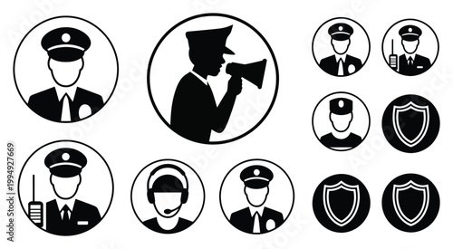 Police officer security related icons black and white vector set depicting law enforcement duty, protection symbols, police equipment, patrol service, authority badge, and public safety concept design