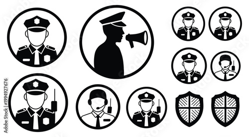 Police officer security related icons black and white vector set depicting law enforcement duty, protection symbols, police equipment, patrol service, authority badge, and public safety concept design