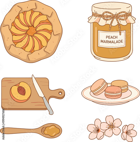 Peach Dessert Vector Set with Tart Pie, Marmalade Jar, Macarons, Cutting Board, Spoon Jam, and Blossom Elements in Soft Pastel Style