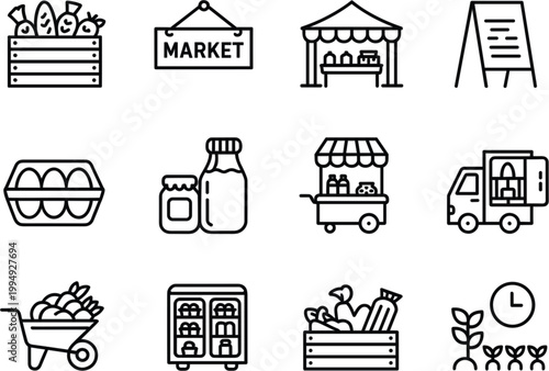 Farmers market line icons set, organic food delivery agriculture retail symbols vector collection