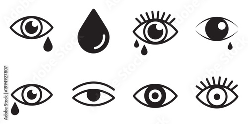 Crying eye vector set, stylized eye illustrations with tears for emotional artistic expressive design concepts vector illustration