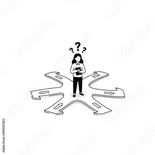 Person confused at crossroads with arrows showing directions and question marks above head.