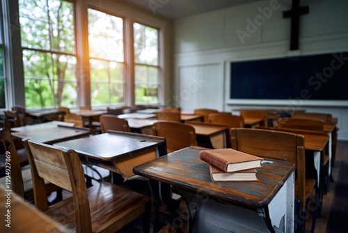 Students Study and Read in an Old Classroom With Wooden Desks and Large Windo...