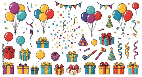 Colorful festival celebration vector graphics isolated on transparent background with balloons, gifts, confetti