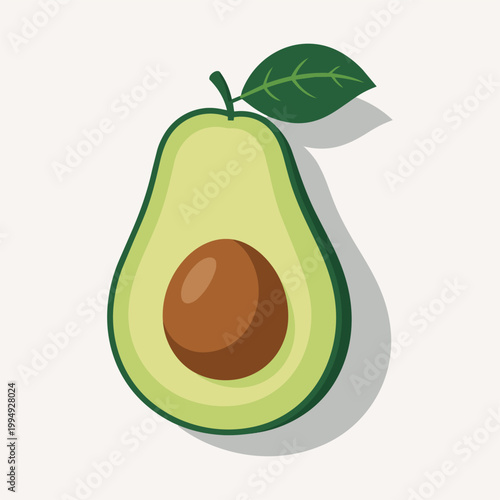 Avocado Half Flat Vector Illustration With Seed And Leaf Minimal Isolated Design