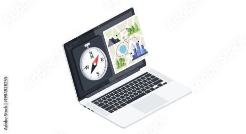 Isometric Laptop with Travel Route Map and Compass Illustration for Digital Navigation and Trip Planning Concept