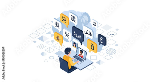 Isometric Illustration of Online Language Learning and Global Communication with Student on Laptop and Multilingual Speech Bubbles