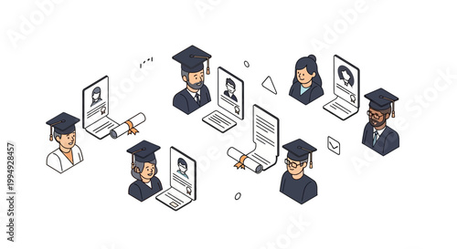 Isometric Illustration of Graduating Students with Digital Diplomas and Resumes. Concept of Online Education, Degree Certification, and Professional Growth
