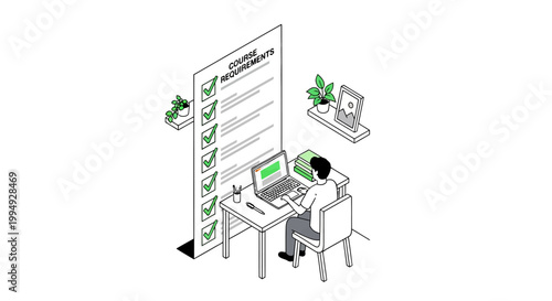 Isometric Student Illustration completing Online Course Requirements on Laptop with Giant Checklist for Education and E-learning Concept