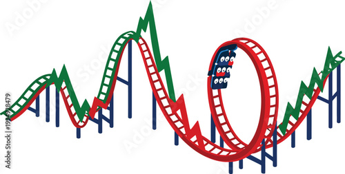 Isometric Rollercoaster Line Chart with Riders on Market Volatility Track Flat Vector Illustration