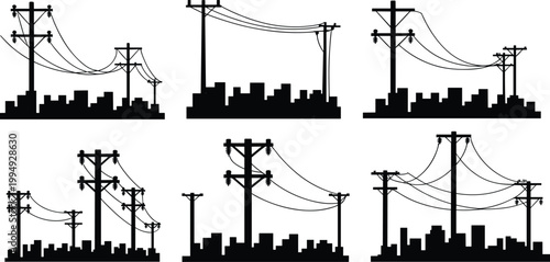 Collection of electricity pole silhouettes with power lines and urban skyline, energy infrastructure icons isolated on white background